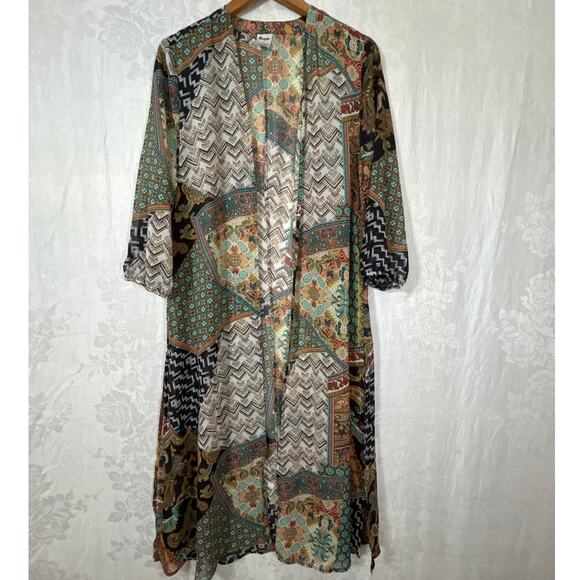 Wrangler Open Cardigan Large Brown Mixed Prints Long Duster Poncho Cape Western - Picture 1 of 10